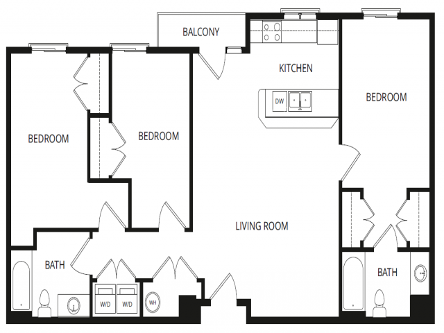 Floor plan for 3 beds, 2 baths, 1100 sqft